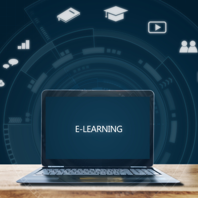 e-learning computer with icons
